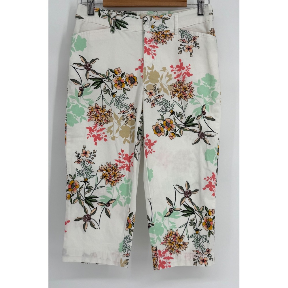 St Johns Bay‎ Womens Floral Capri Pants White Pink Green Sz 6 Stretch Cotton